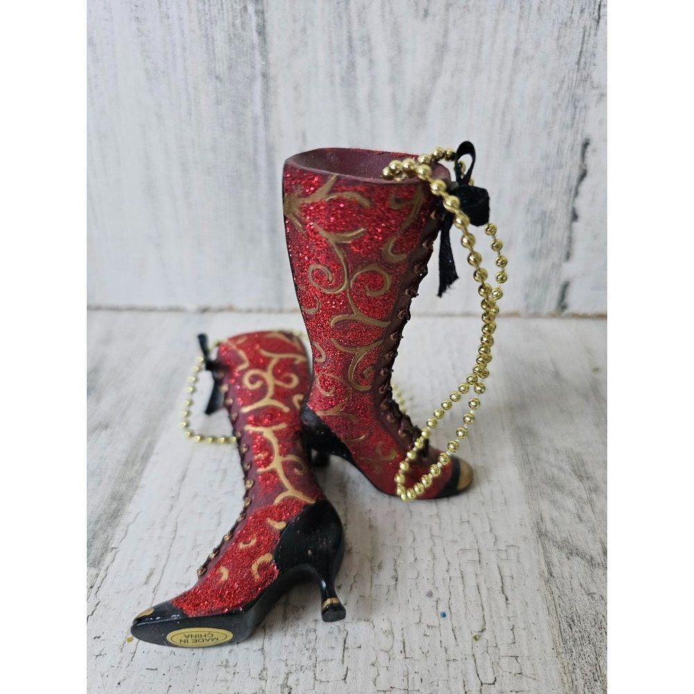 Vintage red glitter boot stiletto shoe ornament set Xmas tree gold set